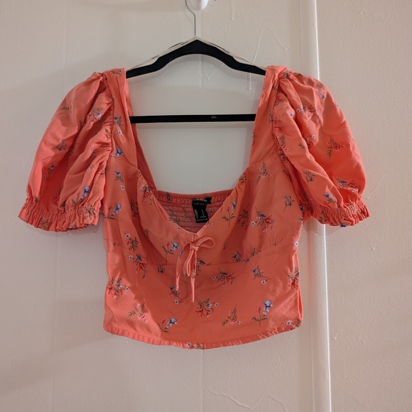 Floral Puff Sleeve Top - Coral - Picture 1 of 6